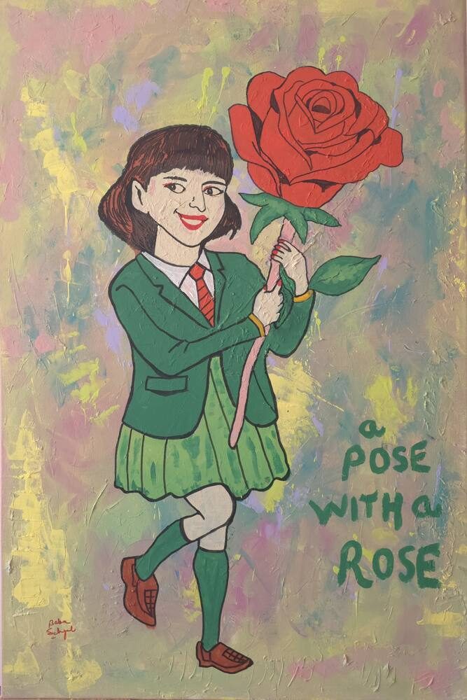 Acrylic & Mixed Media on Canvas painting titled 'A Pose with a Rose', 24 × 36 in, by Baba Sehgal