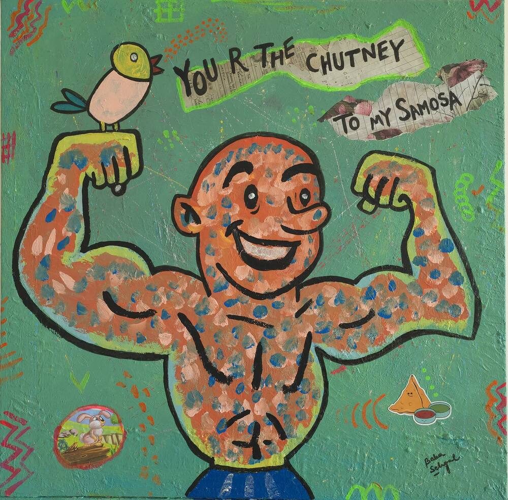 Acrylic & Mixed Media on Canvas painting titled 'You R the Chutney to My Samosa', 24 × 24 in, by Baba Sehgal