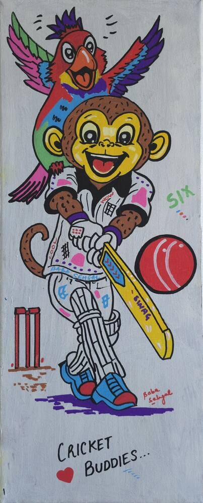 Acrylic on Canvas painting titled 'Cricket Buddies', 8 × 20 in, by Baba Sehgal