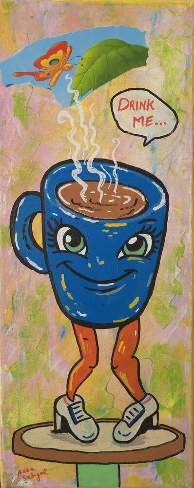 Acrylic & Mixed Media on Canvas painting titled 'Drink Me', 8 × 20 in, by Baba Sehgal
