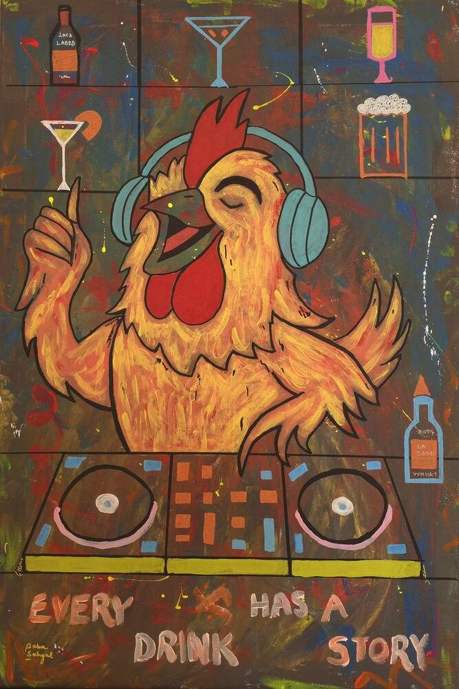 Acrylic on Canvas painting titled 'Every Drink Has a Story', 24 × 36 in, by Baba Sehgal