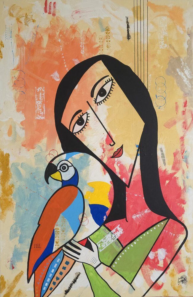 Acrylic & Mixed Media on Canvas painting titled 'Feather & Soul', 24 × 36 in, by Baba Sehgal