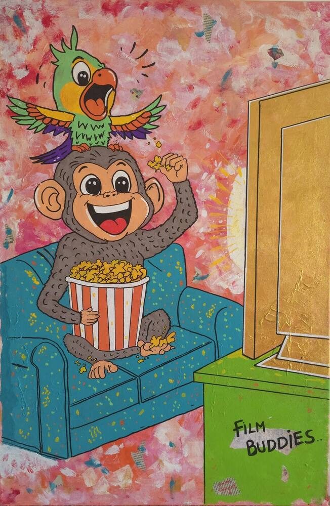 Acrylic & Mixed Media on Canvas painting titled 'Film Buddies', 24 × 36 in, by Baba Sehgal