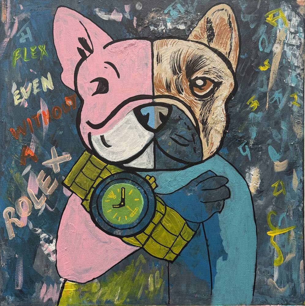 Acrylic & Mixed Media on Canvas painting titled 'Flex Even Without a Rolex', 24 × 24 in, by Baba Sehgal
