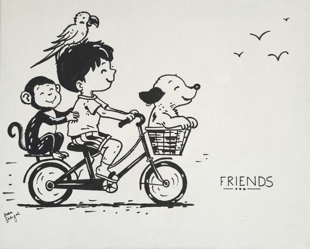 Acrylic on Canvas painting titled 'Friends', 20 × 16 in, by Baba Sehgal