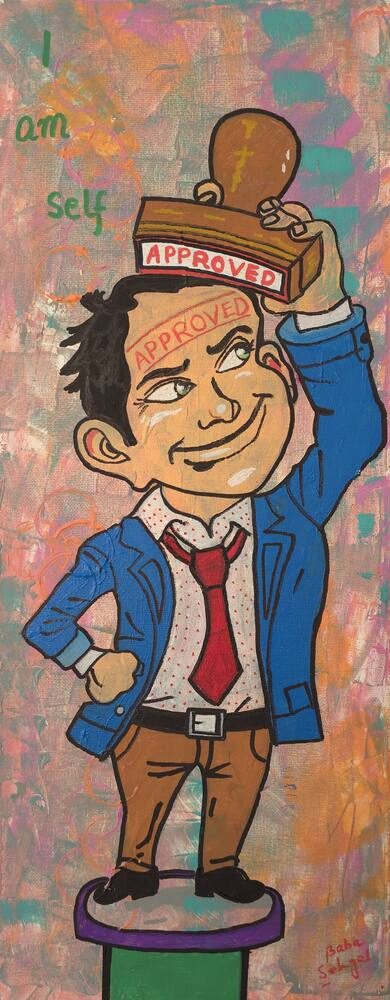 Acrylic on Canvas painting titled 'I Am Self Approved', 8 × 20 in, by Baba Sehgal