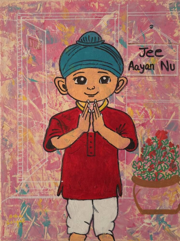 Acrylic & Mixed Media on Canvas painting titled 'Jee Aaya Nu (Welcome)', 12 × 16 in, by Baba Sehgal