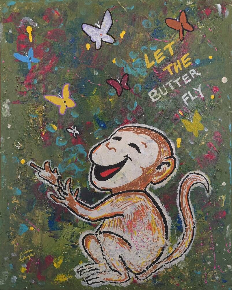 Acrylic on Canvas painting titled 'Let the Butter Fly', 16 × 20 in, by Baba Sehgal