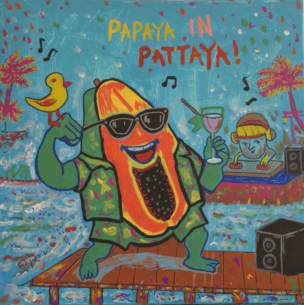 Acrylic on Canvas painting titled 'Papaya in Pattaya', 20 × 20 in, by Baba Sehgal