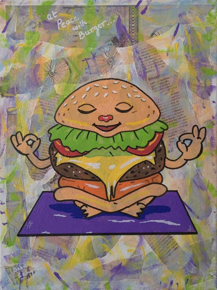 Acrylic & Mixed Media on Canvas painting titled 'At Peace with Burger', 12 × 16 in, by Baba Sehgal