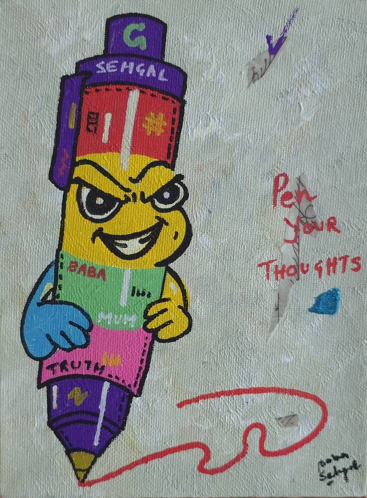 Acrylic on Canvas painting titled 'Pen Your Thoughts', 6 × 8 in, by Baba Sehgal