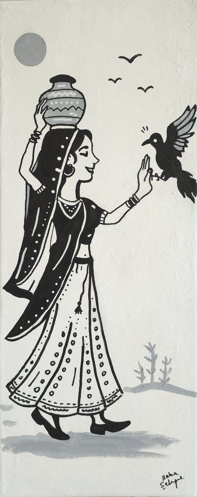 Acrylic on Canvas painting titled 'Silent Companions', 8 × 20 in, by Baba Sehgal