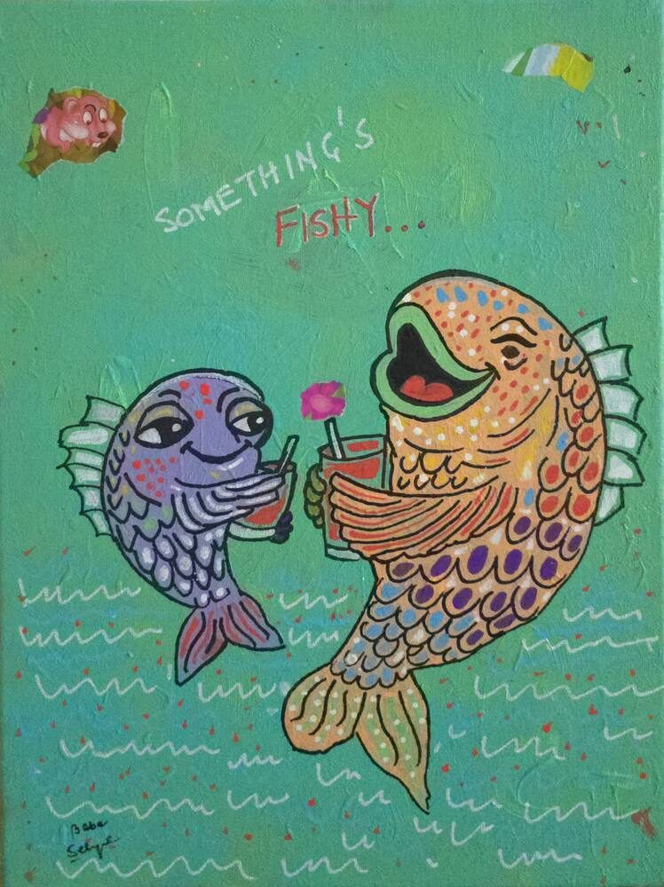 Acrylic & Mixed Media on Canvas painting titled 'Something's Fishy', 12 × 16 in, by Baba Sehgal