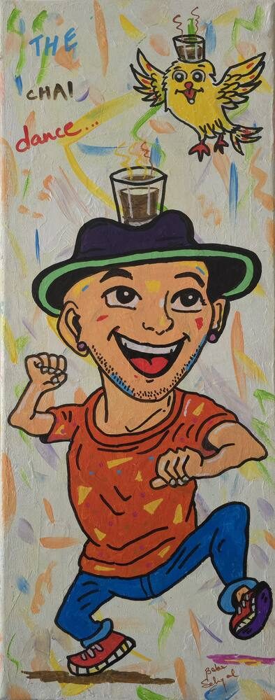 Acrylic on Canvas painting titled 'The Chai Dance', 8 × 20 in, by Baba Sehgal
