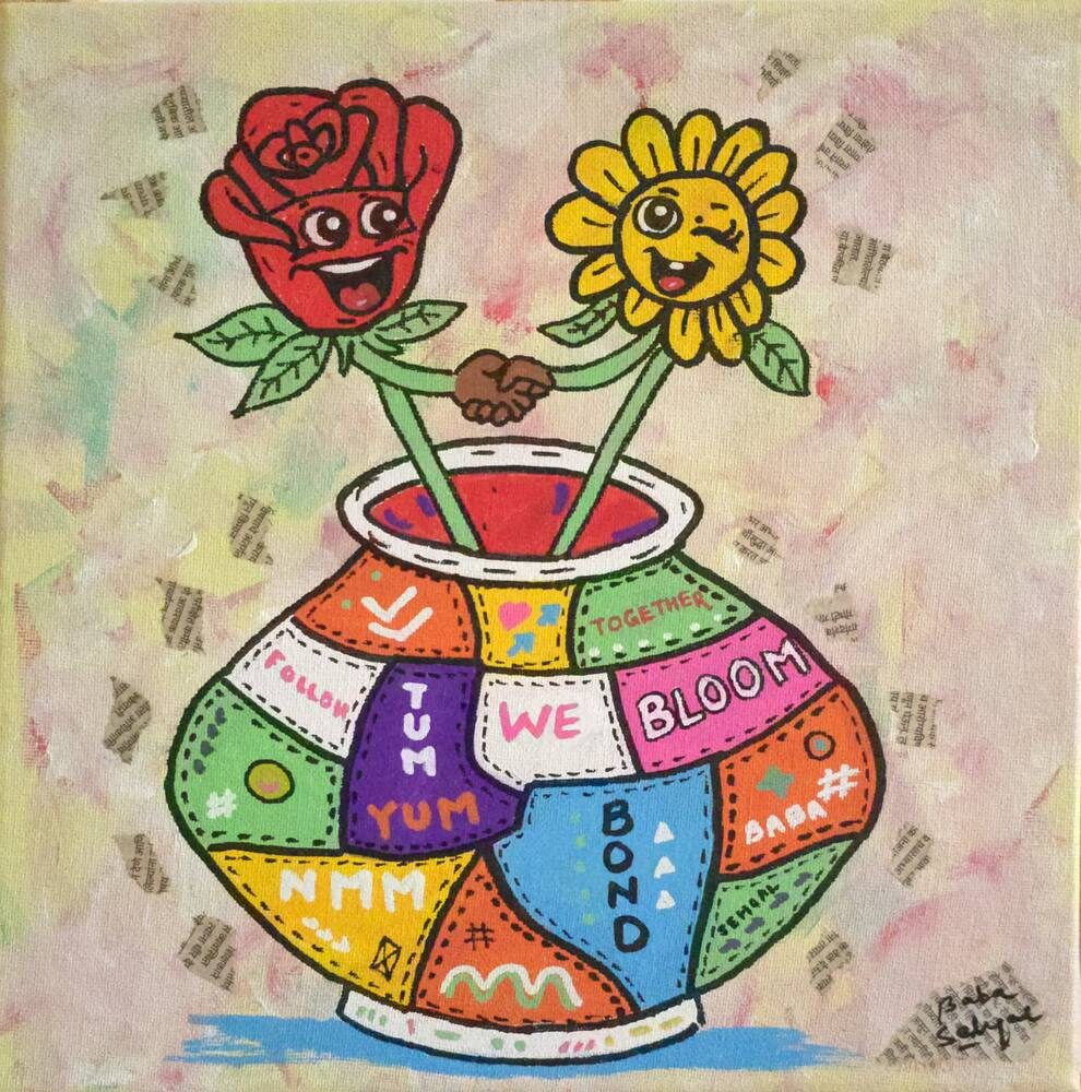 Acrylic & Mixed Media on Canvas painting titled 'Together We Bloom', 12 × 12 in, by Baba Sehgal