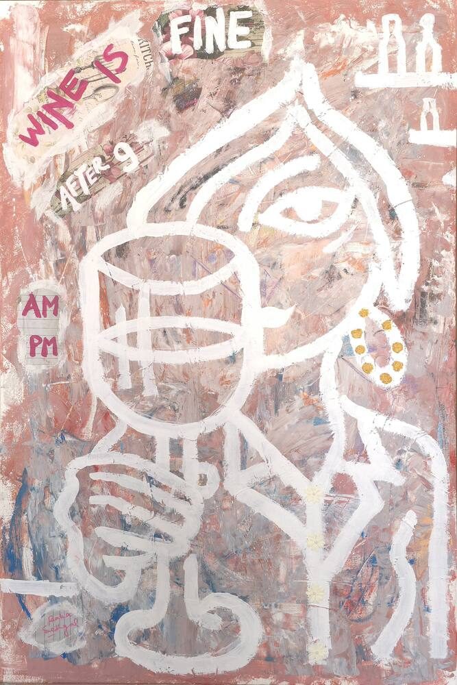 Acrylic & Mixed Media on Canvas painting titled 'Wine is Fine After 9', 24 × 36 in, by Baba Sehgal