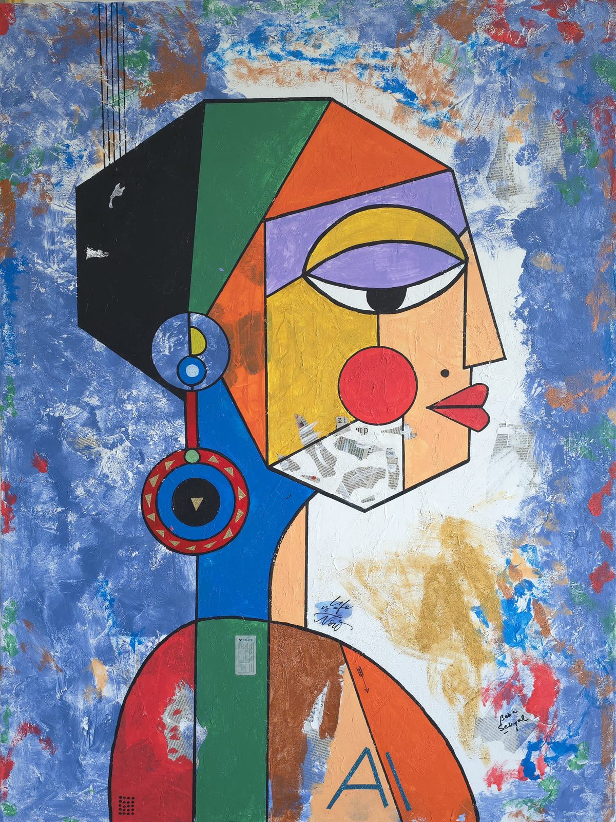 Melody Buddies, acrylic and mixed media painting by Baba Sehgal, a helmeted monkey riding a motorcycle with a parrot on his head